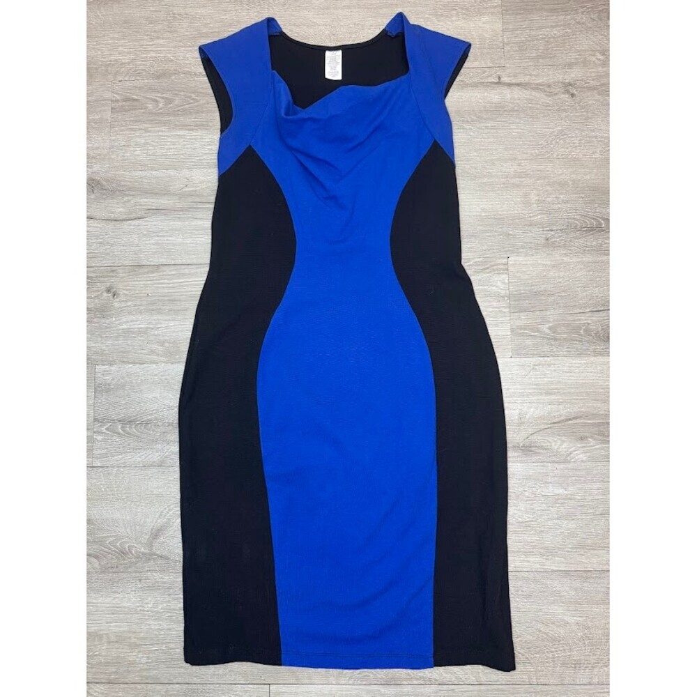 Blue Black Colorblock Sheath Midi Dress Cowl Neck Cap Sleeve Medium